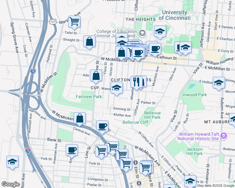 map of restaurants, bars, coffee shops, grocery stores, and more near in Cincinnati