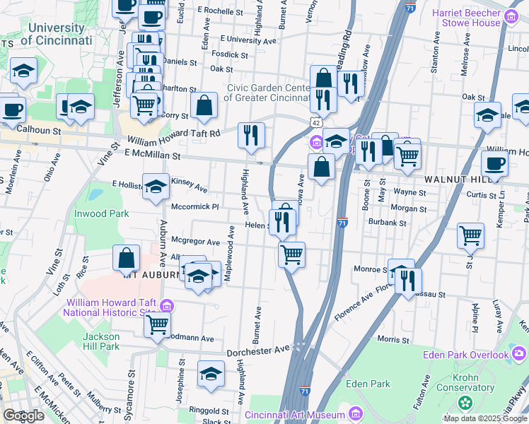 map of restaurants, bars, coffee shops, grocery stores, and more near 2350 Burnet Avenue in Cincinnati