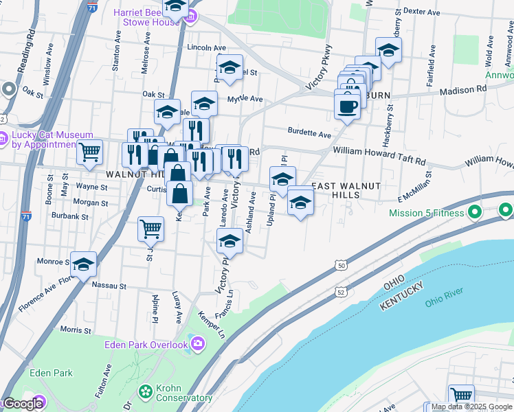 map of restaurants, bars, coffee shops, grocery stores, and more near 2406 Ashland Avenue in Cincinnati
