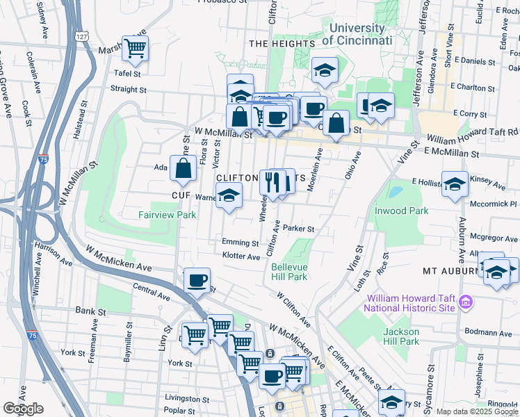 map of restaurants, bars, coffee shops, grocery stores, and more near 2250 Wheeler Street in Cincinnati