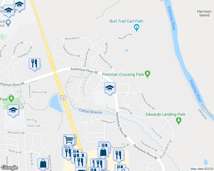 map of restaurants, bars, coffee shops, grocery stores, and more near 829 Ferndale Terrace NE in Leesburg