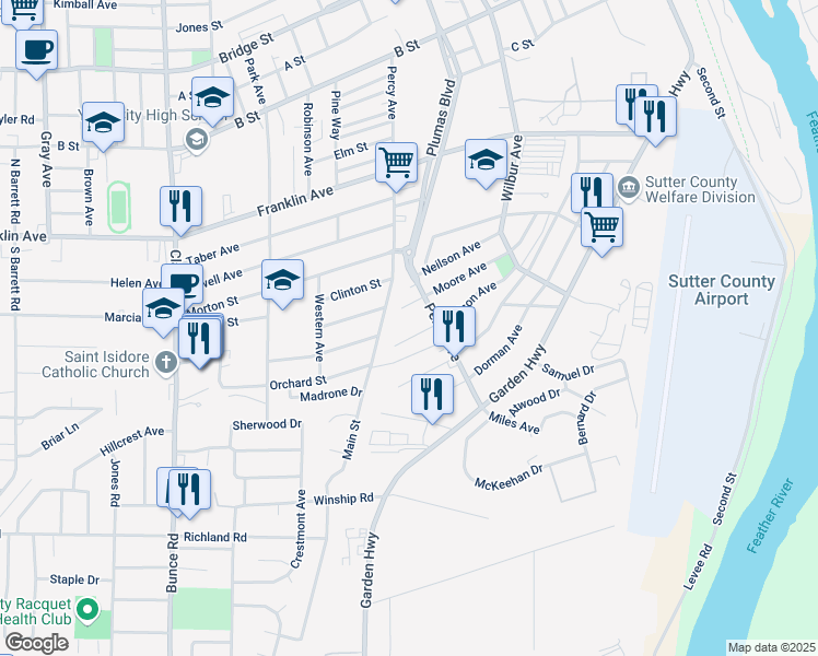 map of restaurants, bars, coffee shops, grocery stores, and more near 123 Wilson Avenue in Yuba City