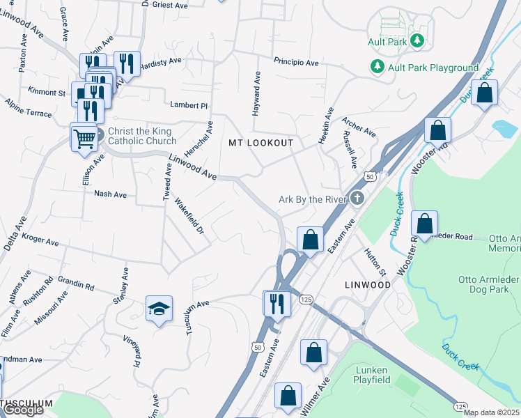 map of restaurants, bars, coffee shops, grocery stores, and more near 3549 Linwood Avenue in Cincinnati