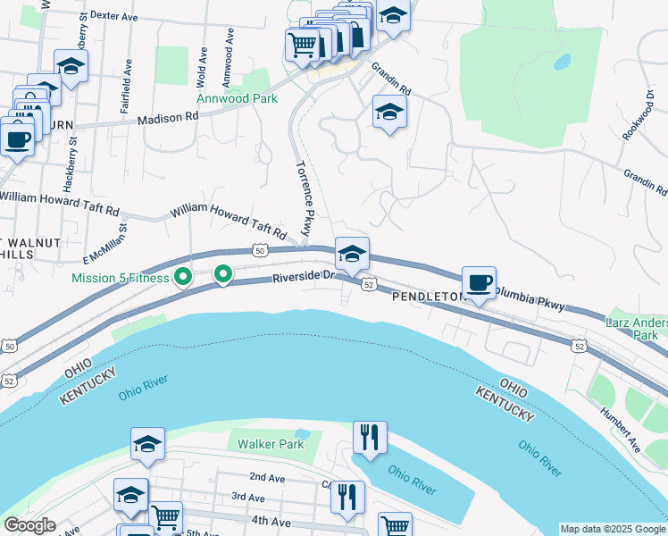 map of restaurants, bars, coffee shops, grocery stores, and more near 2482 Riverside Drive in Cincinnati