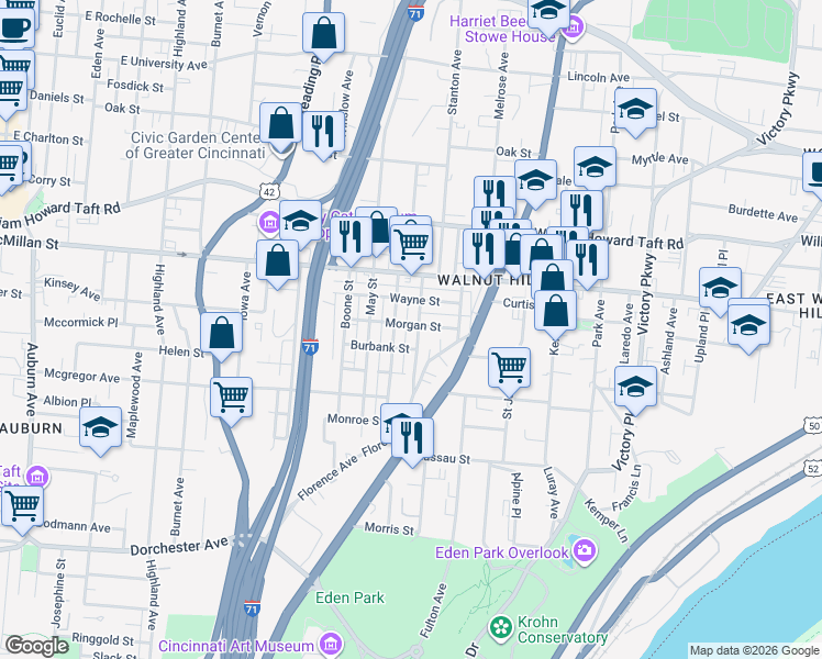map of restaurants, bars, coffee shops, grocery stores, and more near 2365 Concord Street in Cincinnati