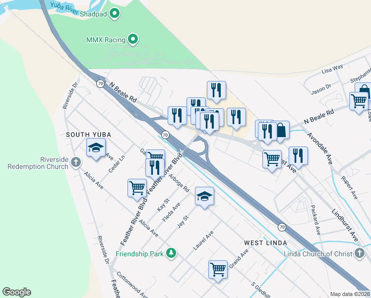 map of restaurants, bars, coffee shops, grocery stores, and more near Feather River Boulevard in Linda
