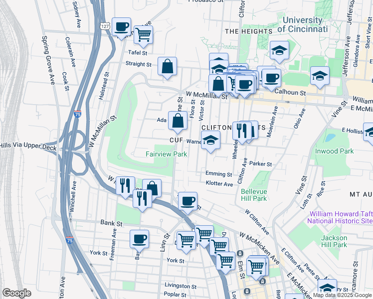 map of restaurants, bars, coffee shops, grocery stores, and more near 2249 Flora Street in Cincinnati