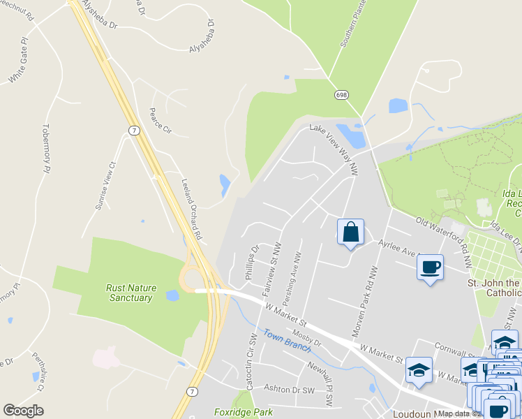 map of restaurants, bars, coffee shops, grocery stores, and more near 312 Riding Trail Court Northwest in Leesburg