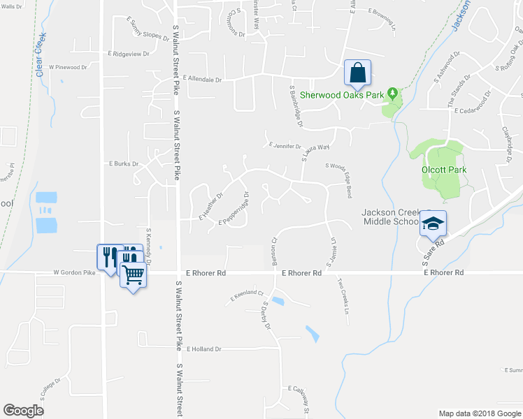 map of restaurants, bars, coffee shops, grocery stores, and more near 3932 South Emilie Court in Bloomington