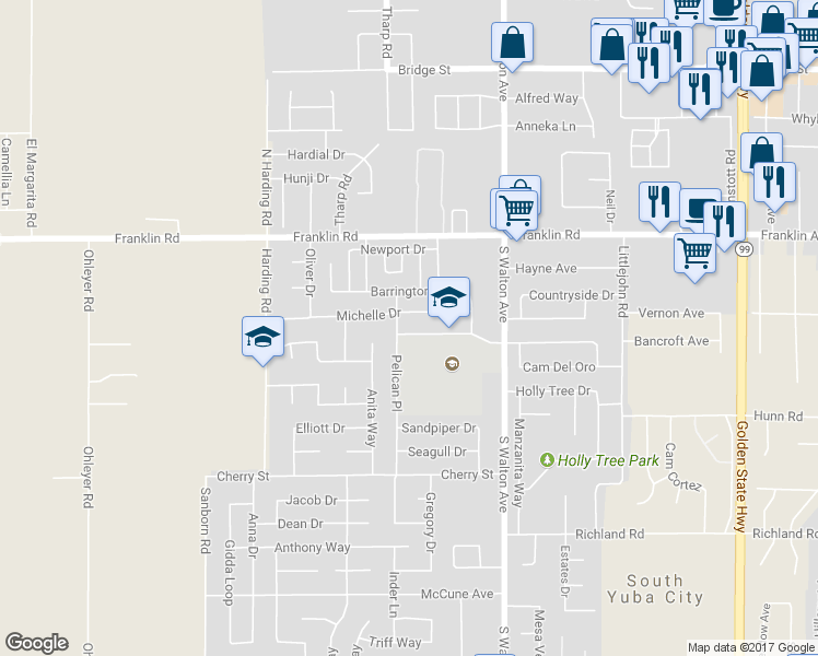 map of restaurants, bars, coffee shops, grocery stores, and more near 1380 Franklin Road in Yuba City