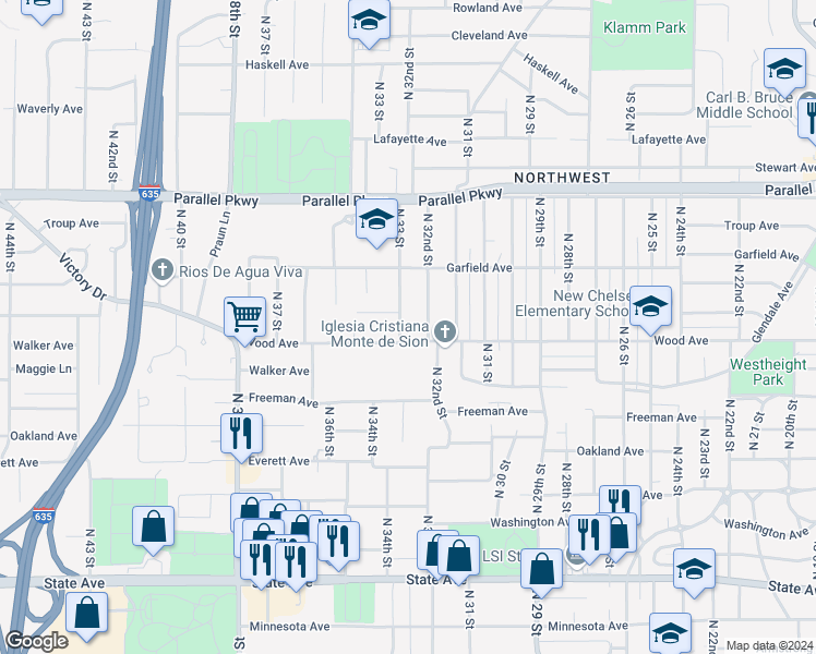 map of restaurants, bars, coffee shops, grocery stores, and more near 1829 North 33 Street in Kansas City
