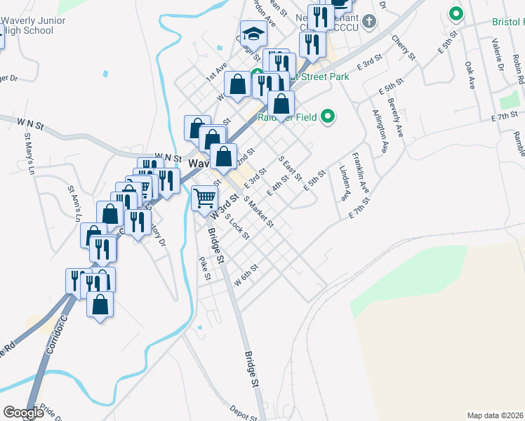map of restaurants, bars, coffee shops, grocery stores, and more near 109 East 5th Street in Waverly