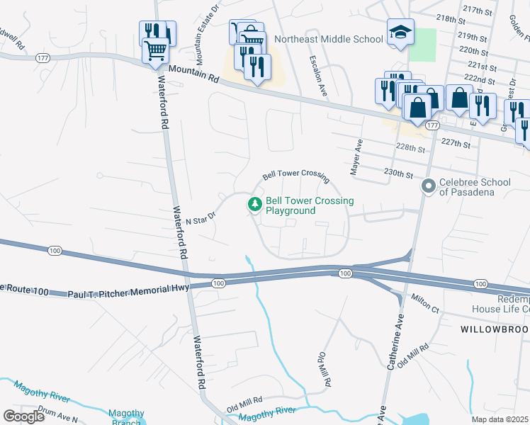 map of restaurants, bars, coffee shops, grocery stores, and more near 202 Seneca Terrace in Pasadena