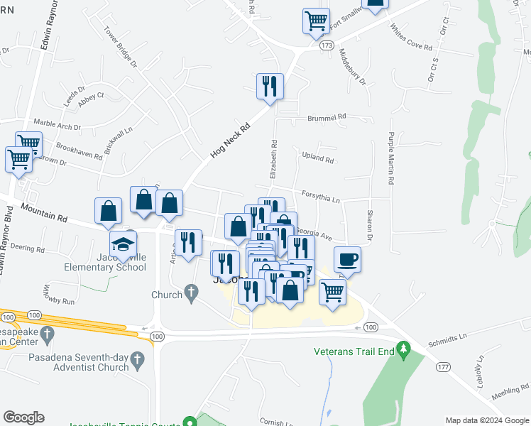 map of restaurants, bars, coffee shops, grocery stores, and more near 8154 Elizabeth Road in Pasadena