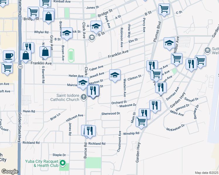 map of restaurants, bars, coffee shops, grocery stores, and more near 146 Clinton Street in Yuba City