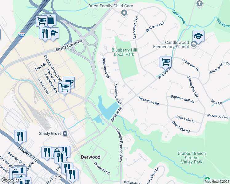 map of restaurants, bars, coffee shops, grocery stores, and more near 8131 Needwood Road in Derwood