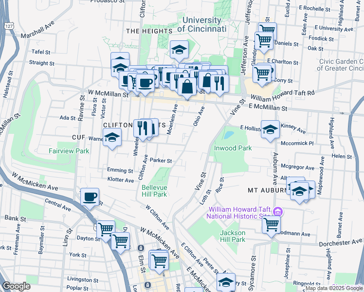 map of restaurants, bars, coffee shops, grocery stores, and more near 2330 Ohio Avenue in Cincinnati