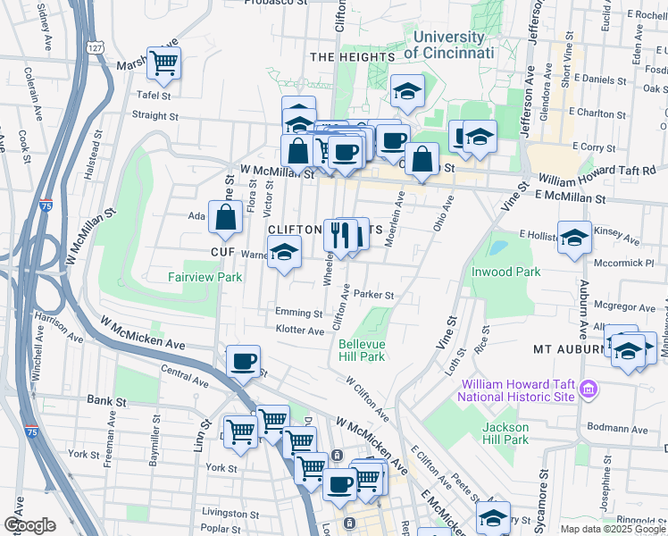 map of restaurants, bars, coffee shops, grocery stores, and more near 2250 Wheeler Street in Cincinnati