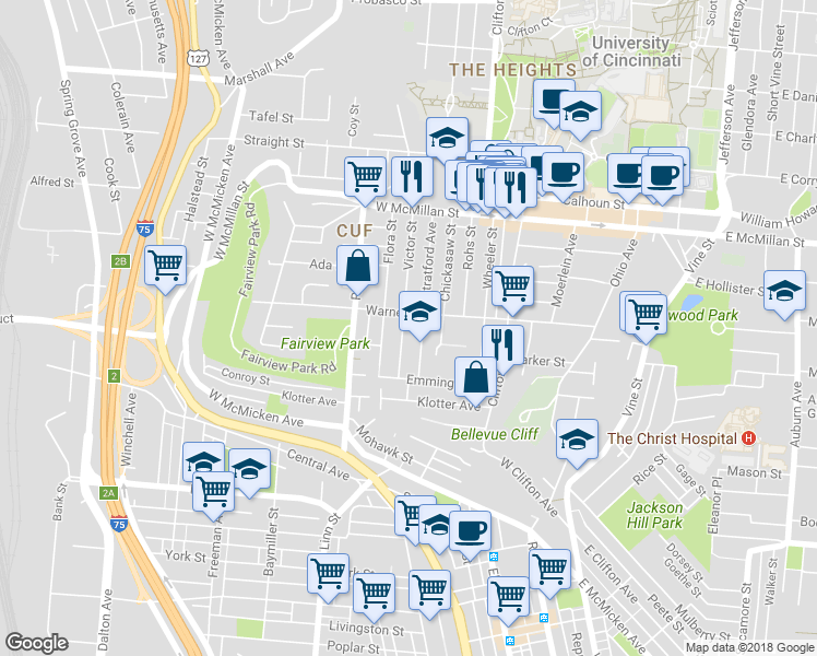 map of restaurants, bars, coffee shops, grocery stores, and more near in Cincinnati