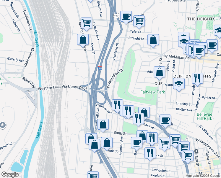 map of restaurants, bars, coffee shops, grocery stores, and more near 2341 West McMicken Avenue in Cincinnati