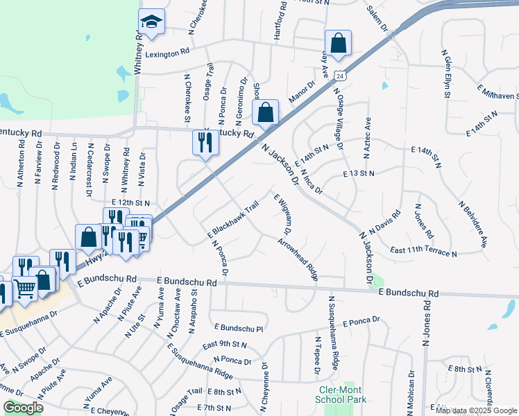 map of restaurants, bars, coffee shops, grocery stores, and more near 18714 East Blackhawk Trail in Independence