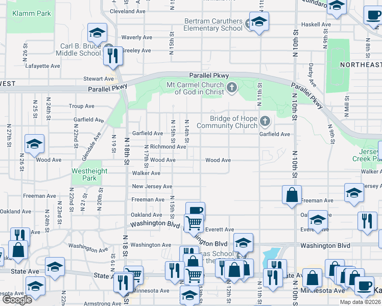 map of restaurants, bars, coffee shops, grocery stores, and more near 1831 North 14th Street in Kansas City
