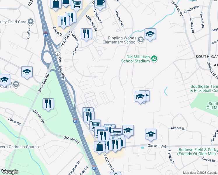 map of restaurants, bars, coffee shops, grocery stores, and more near 604 Nolberry Drive in Glen Burnie