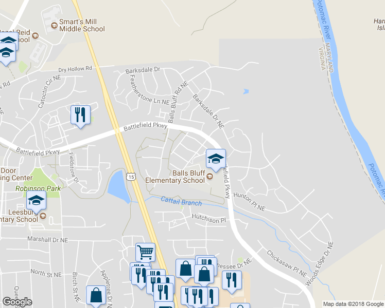 map of restaurants, bars, coffee shops, grocery stores, and more near 831 Smartts Ln NE in Leesburg