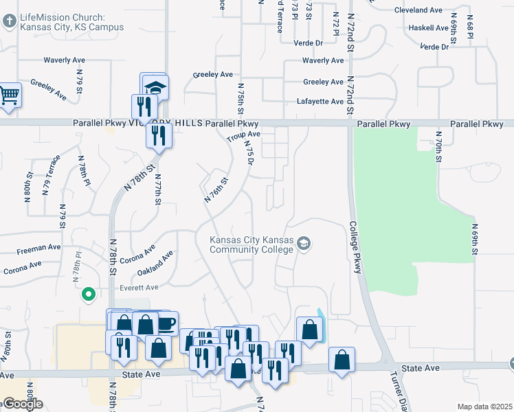 map of restaurants, bars, coffee shops, grocery stores, and more near 1719 North 74th Street in Kansas City