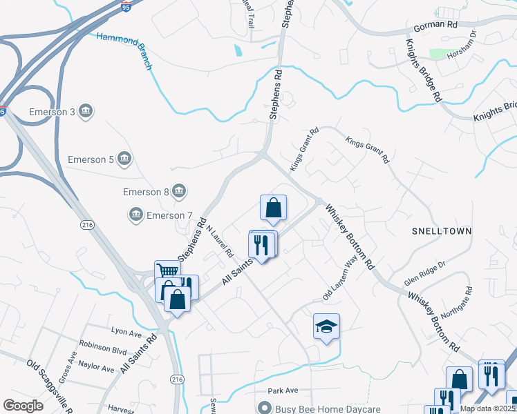 map of restaurants, bars, coffee shops, grocery stores, and more near 9244 Canterbury Riding in Laurel
