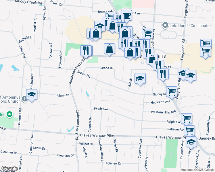 map of restaurants, bars, coffee shops, grocery stores, and more near 5231 Sidney Road in Cincinnati