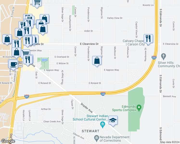 map of restaurants, bars, coffee shops, grocery stores, and more near 4729 Ponderosa Drive in Carson City