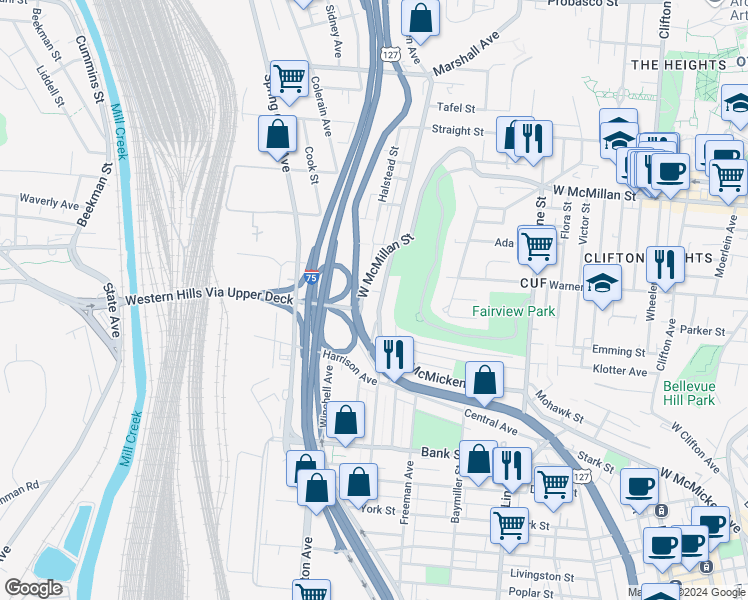map of restaurants, bars, coffee shops, grocery stores, and more near 2341 West McMicken Avenue in Cincinnati