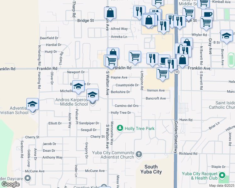 map of restaurants, bars, coffee shops, grocery stores, and more near 1552 Berkshire Drive in Yuba City