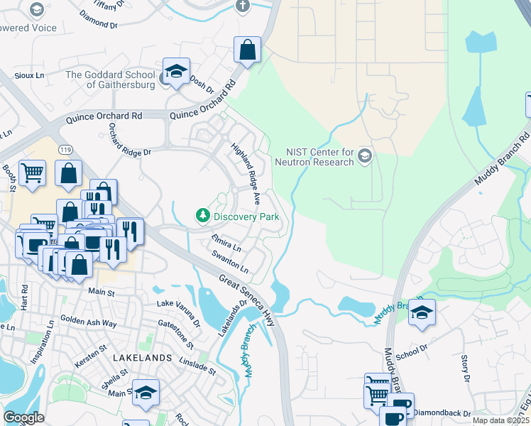 map of restaurants, bars, coffee shops, grocery stores, and more near 210 Painted Post Lane in Gaithersburg