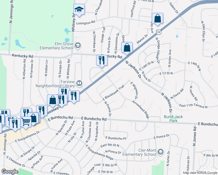 map of restaurants, bars, coffee shops, grocery stores, and more near 18425 Arrowhead Lane in Independence