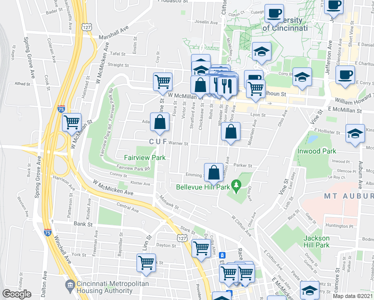 map of restaurants, bars, coffee shops, grocery stores, and more near 2245 Stratford Avenue in Cincinnati