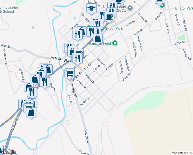 map of restaurants, bars, coffee shops, grocery stores, and more near 109 East 5th Street in Waverly