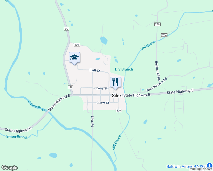 map of restaurants, bars, coffee shops, grocery stores, and more near 107 North 2nd Street in Silex