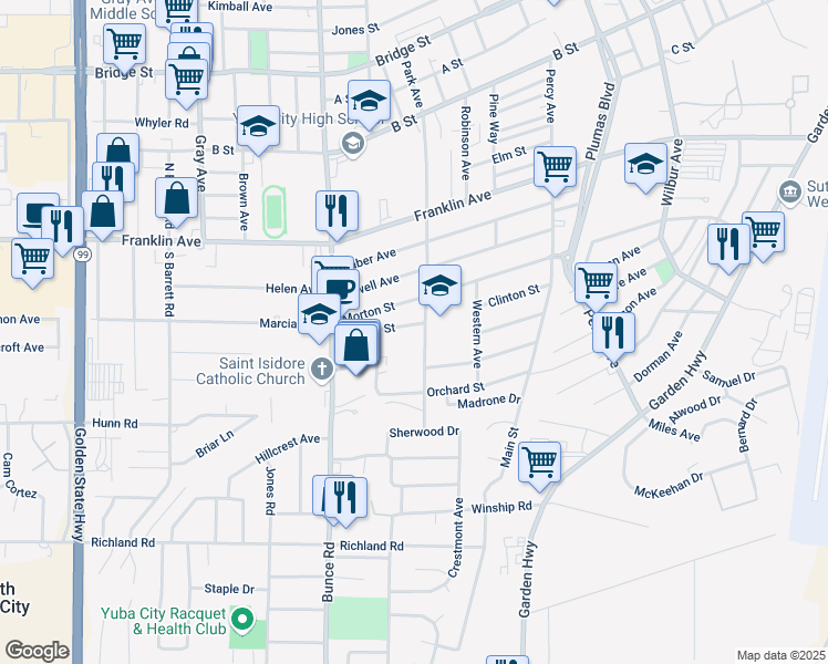 map of restaurants, bars, coffee shops, grocery stores, and more near 146 Clinton Street in Yuba City