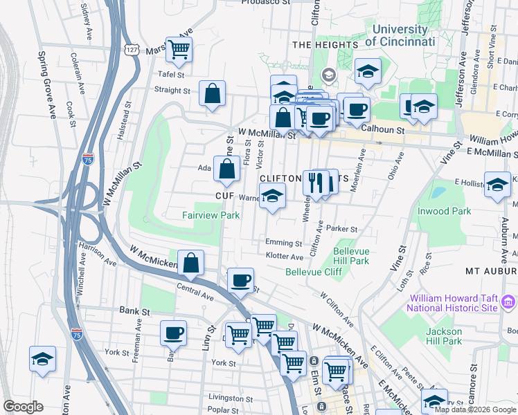 map of restaurants, bars, coffee shops, grocery stores, and more near in Cincinnati