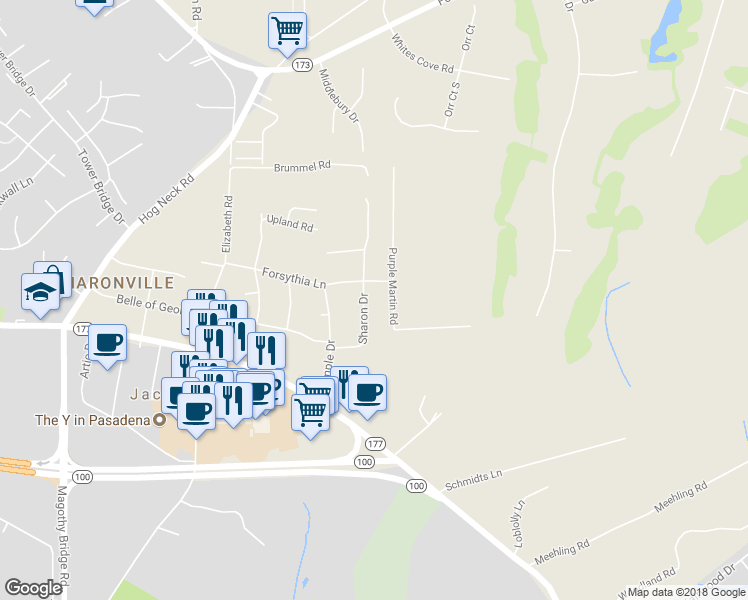 map of restaurants, bars, coffee shops, grocery stores, and more near 113 Sharon Drive in Pasadena