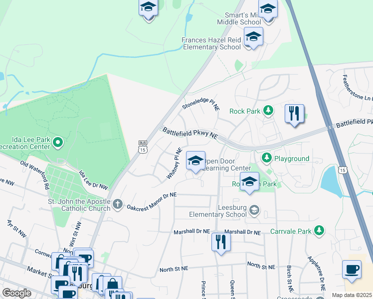 map of restaurants, bars, coffee shops, grocery stores, and more near 227 Whitney Place Northeast in Leesburg