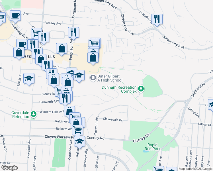map of restaurants, bars, coffee shops, grocery stores, and more near 1898 Ashbrook Drive in Cincinnati