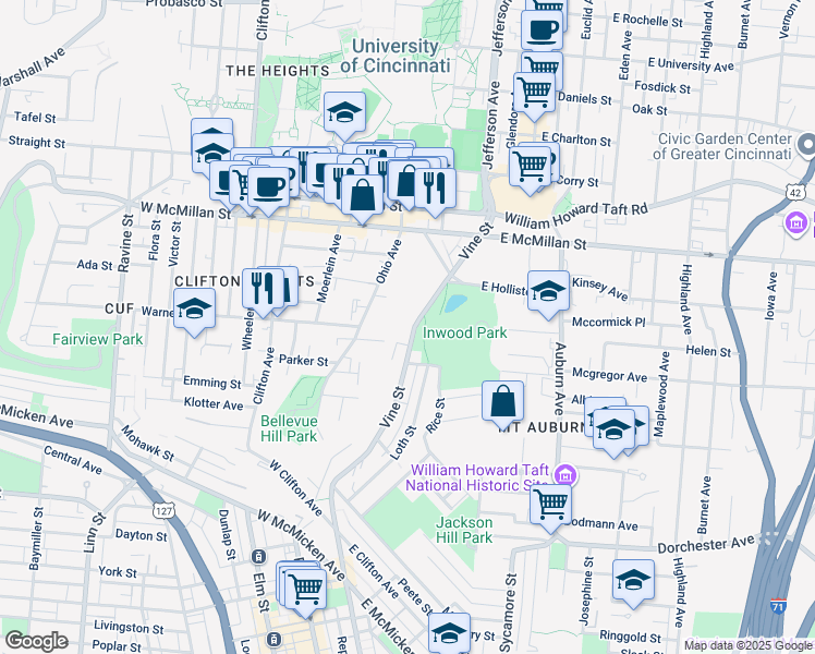 map of restaurants, bars, coffee shops, grocery stores, and more near 2329 Vine Street in Cincinnati