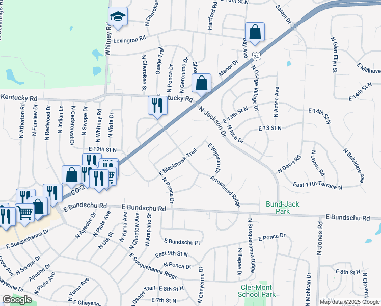 map of restaurants, bars, coffee shops, grocery stores, and more near 18714 East Blackhawk Trail in Independence