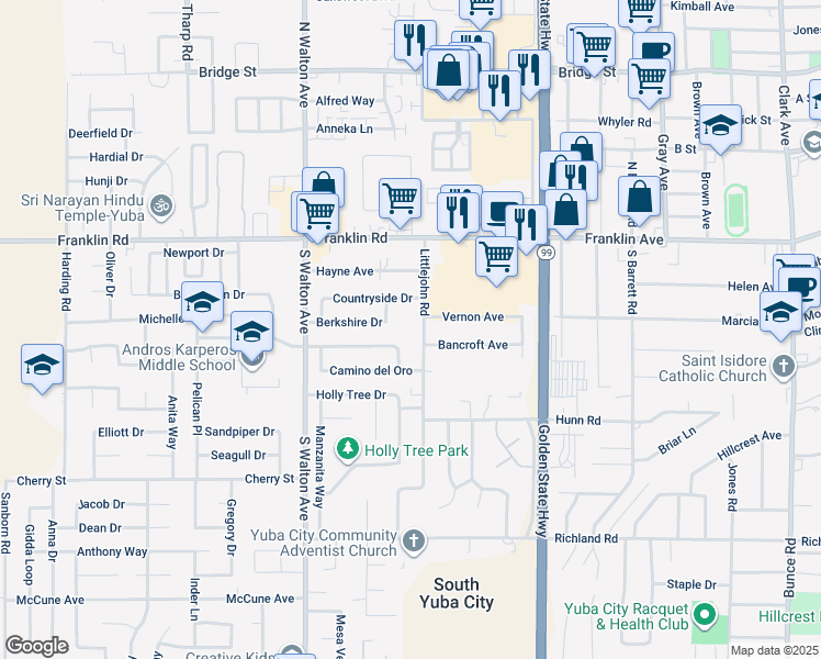 map of restaurants, bars, coffee shops, grocery stores, and more near 249 Littlejohn Road in Yuba City