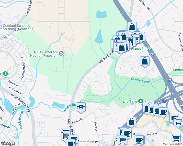 map of restaurants, bars, coffee shops, grocery stores, and more near 502 Philmont Drive in Gaithersburg