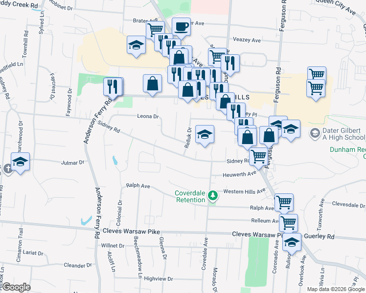map of restaurants, bars, coffee shops, grocery stores, and more near 5213 Relluk Drive in Cincinnati