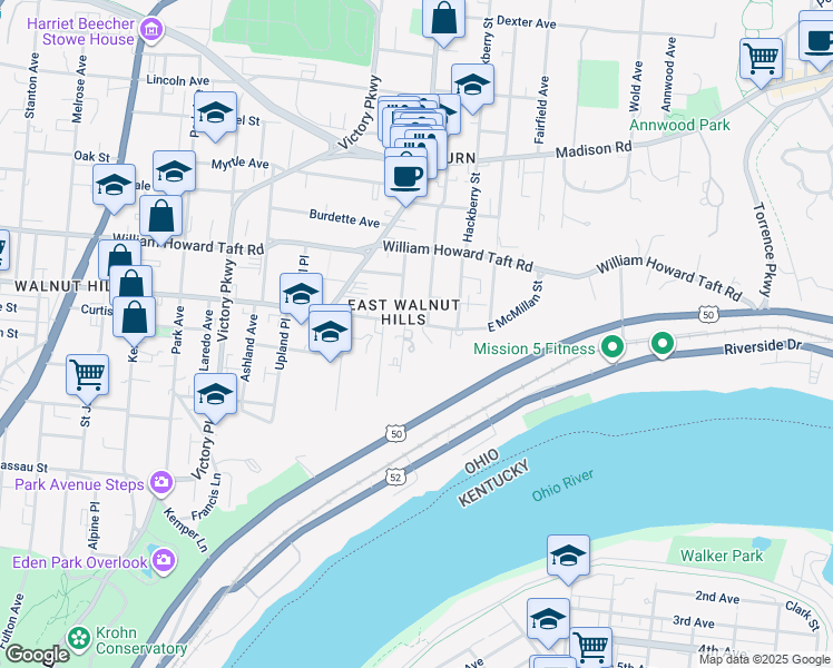 map of restaurants, bars, coffee shops, grocery stores, and more near 1511 East McMillan Street in Cincinnati